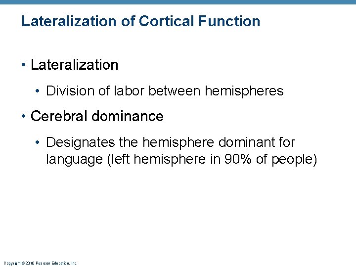 Lateralization of Cortical Function • Lateralization • Division of labor between hemispheres • Cerebral