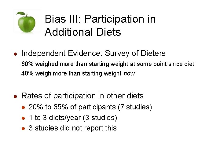 Bias III: Participation in Additional Diets l Independent Evidence: Survey of Dieters 60% weighed