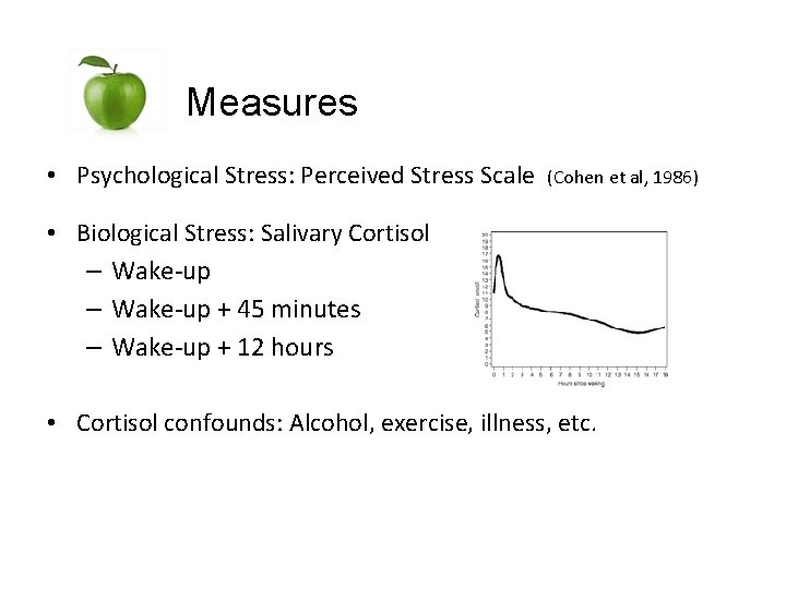 Measures • Psychological Stress: Perceived Stress Scale (Cohen et al, 1986) • Biological Stress: