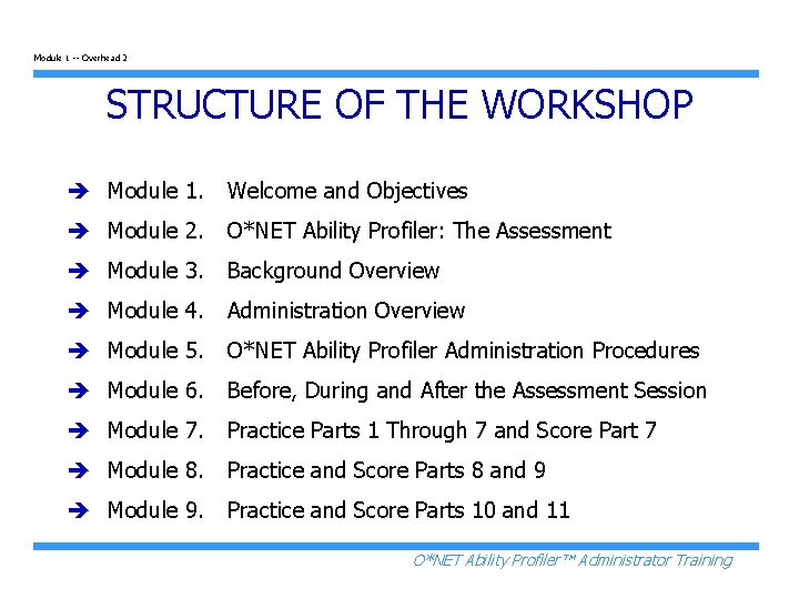 Module 1 -- Overhead 2 STRUCTURE OF THE WORKSHOP è Module 1. Welcome and