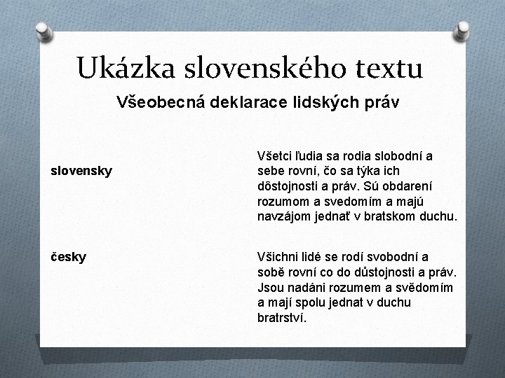 Ukázka slovenského textu Všeobecná deklarace lidských práv slovensky česky Všetci ľudia sa rodia slobodní