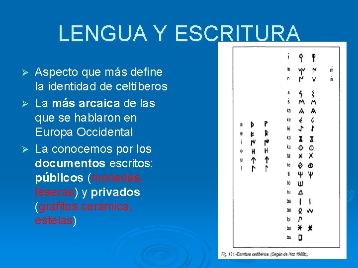 LENGUA Y ESCRITURA Aspecto que más define la identidad de celtíberos Ø La más