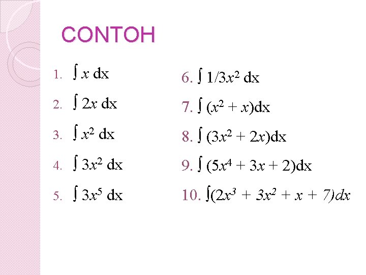 CONTOH 1. ∫ x dx 6. ∫ 1/3 x 2 dx 2. ∫ 2