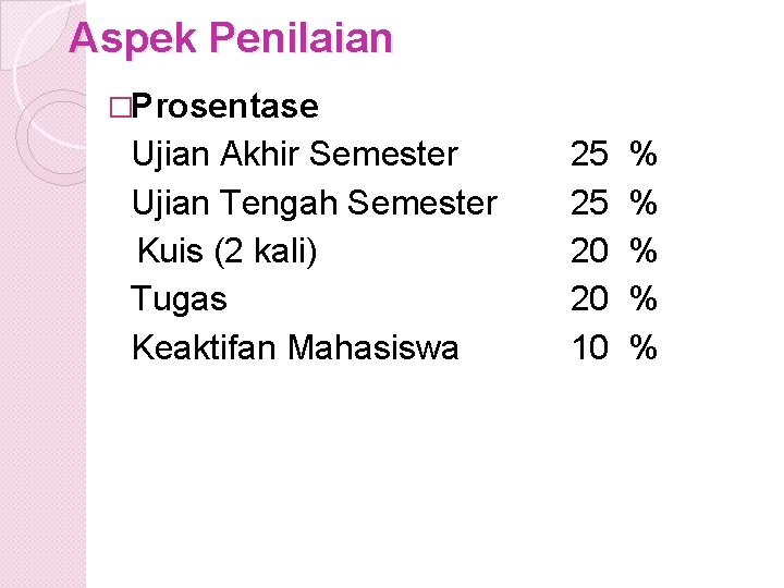 Aspek Penilaian �Prosentase Ujian Akhir Semester Ujian Tengah Semester Kuis (2 kali) Tugas Keaktifan