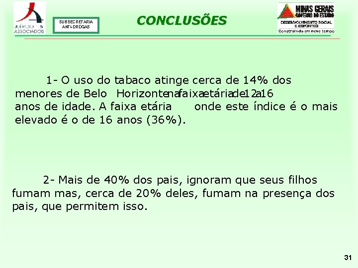 SUBSECRETARIA ANTI-DROGAS CONCLUSÕES 1 - O uso do tabaco atinge cerca de 14% dos