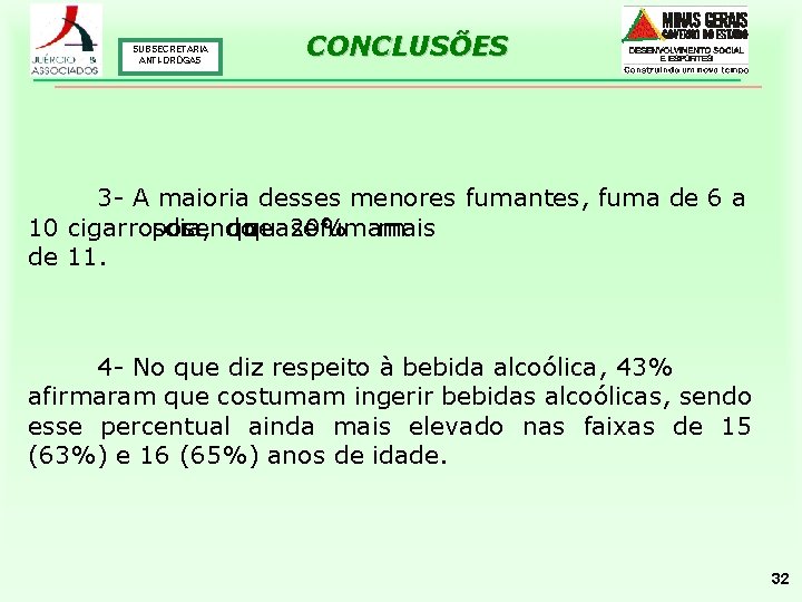 SUBSECRETARIA ANTI-DROGAS CONCLUSÕES 3 - A maioria desses menores fumantes, fuma de 6 a