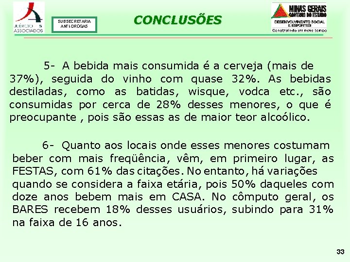 SUBSECRETARIA ANTI-DROGAS CONCLUSÕES 5 - A bebida mais consumida é a cerveja (mais de