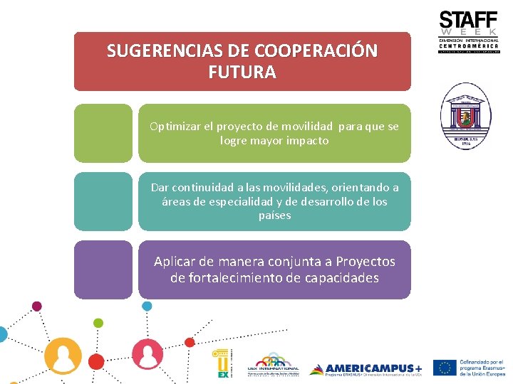 SUGERENCIAS DE COOPERACIÓN FUTURA Optimizar el proyecto de movilidad para que se logre mayor
