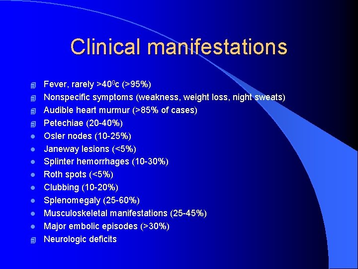 Clinical manifestations 4 4 l l l l 4 Fever, rarely >400 c (>95%)