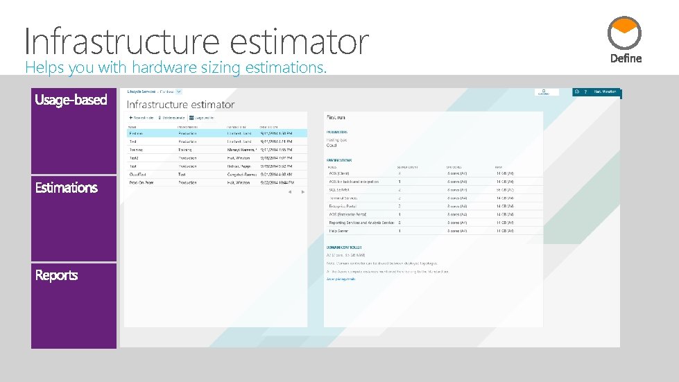 Infrastructure estimator Helps you with hardware sizing estimations. 