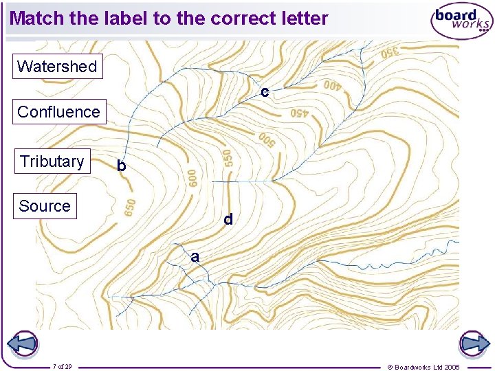 Match the label to the correct letter Watershed c Confluence Tributary b Source d