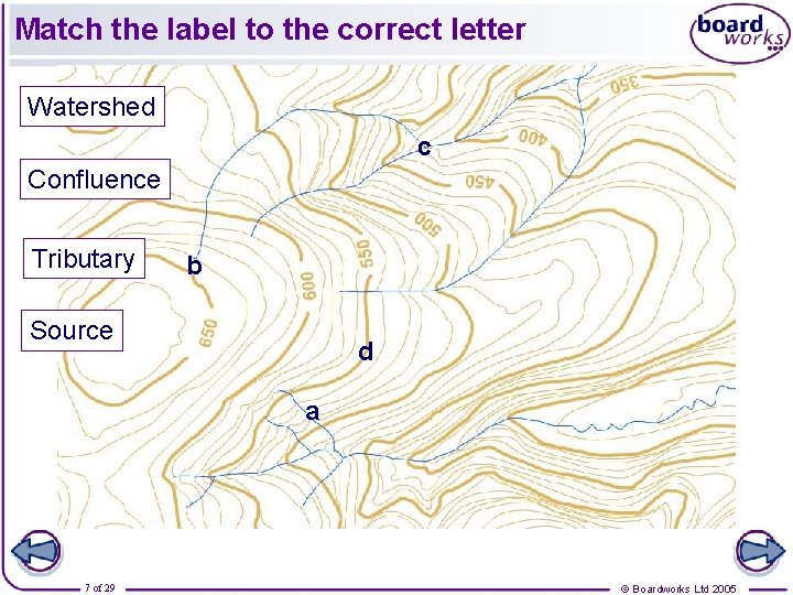 Match the label to the correct letter Watershed c Confluence Tributary b Source d