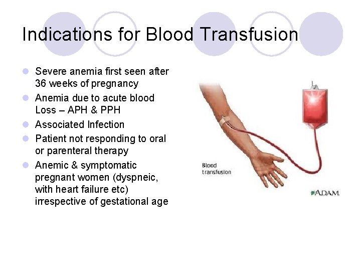 Indications for Blood Transfusion l Severe anemia first seen after 36 weeks of pregnancy