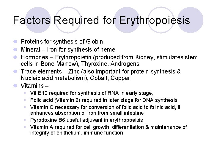 Factors Required for Erythropoiesis l Proteins for synthesis of Globin l Mineral – Iron