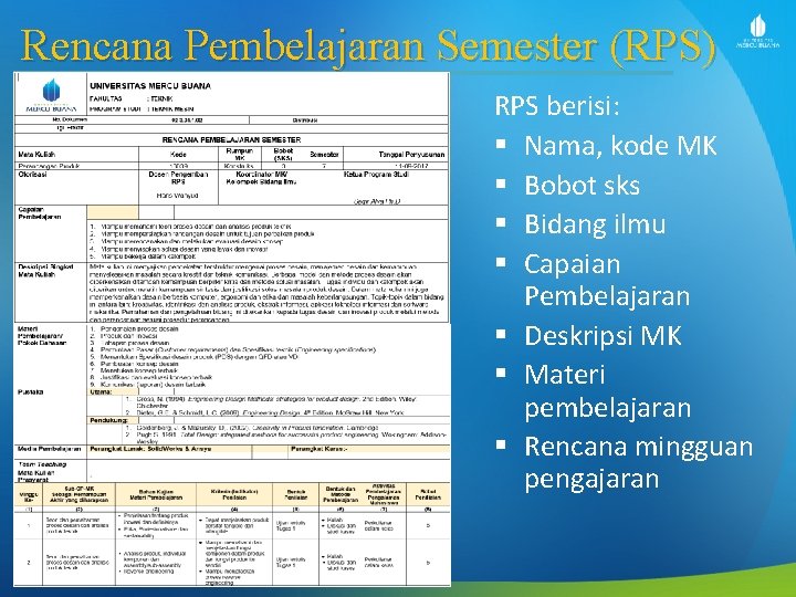 Rencana Pembelajaran Semester (RPS) RPS berisi: § Nama, kode MK § Bobot sks §