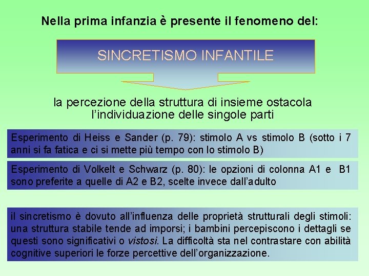 Nella prima infanzia è presente il fenomeno del: SINCRETISMO INFANTILE la percezione della struttura
