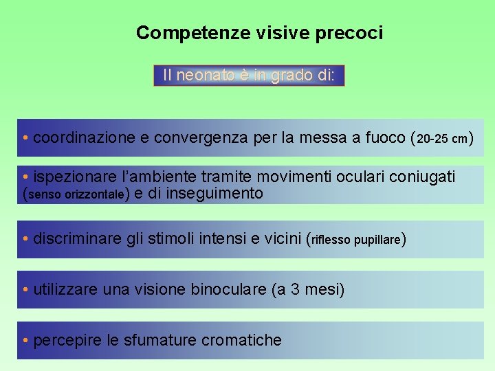 Competenze visive precoci Il neonato è in grado di: • coordinazione e convergenza per