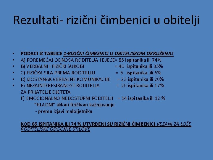 Rezultati- rizični čimbenici u obitelji • • • PODACI IZ TABLICE 1 -RIZIČNI ČIMBENICI