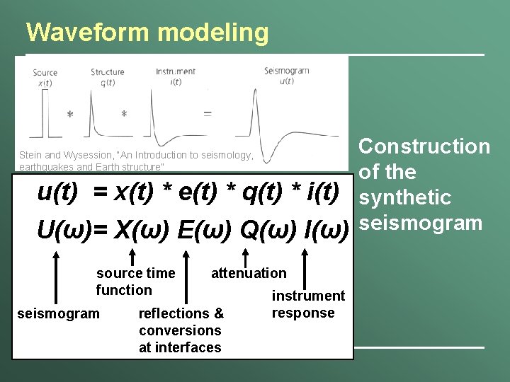 Waveform modeling Stein and Wysession, “An Introduction to seismology, earthquakes and Earth structure” u(t)