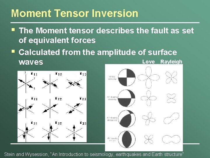 Moment Tensor Inversion § § The Moment tensor describes the fault as set of