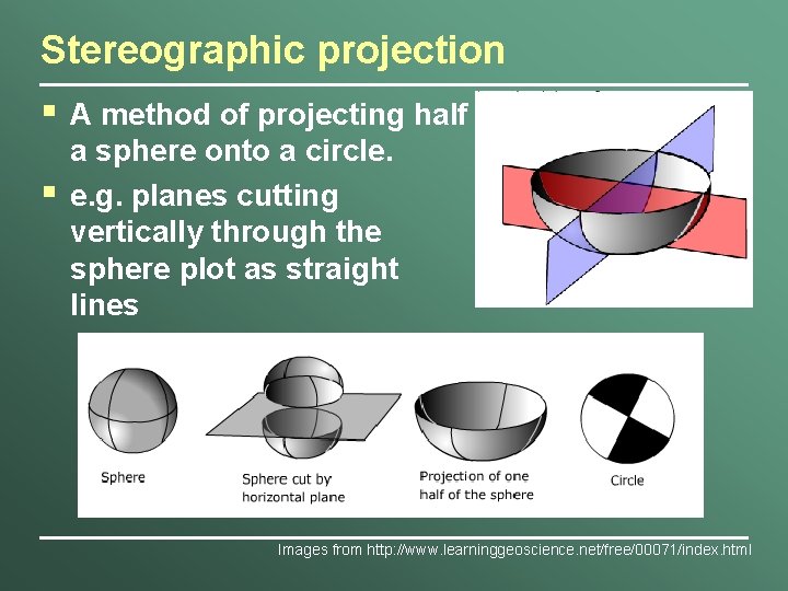 Stereographic projection § § A method of projecting half a sphere onto a circle.
