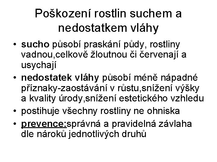 Poškození rostlin suchem a nedostatkem vláhy • sucho působí praskání půdy, rostliny vadnou, celkově