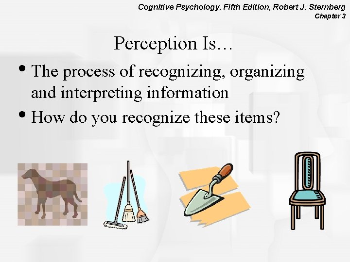 Cognitive Psychology, Fifth Edition, Robert J. Sternberg Chapter 3 Perception Is… • The process