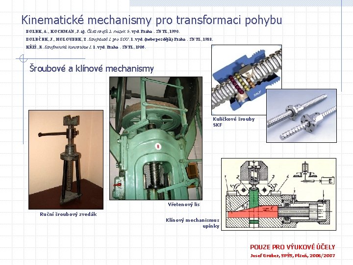 Kinematické mechanismy pro transformaci pohybu BOLEK, A. , KOCHMAN, J. aj. Části strojů 2.