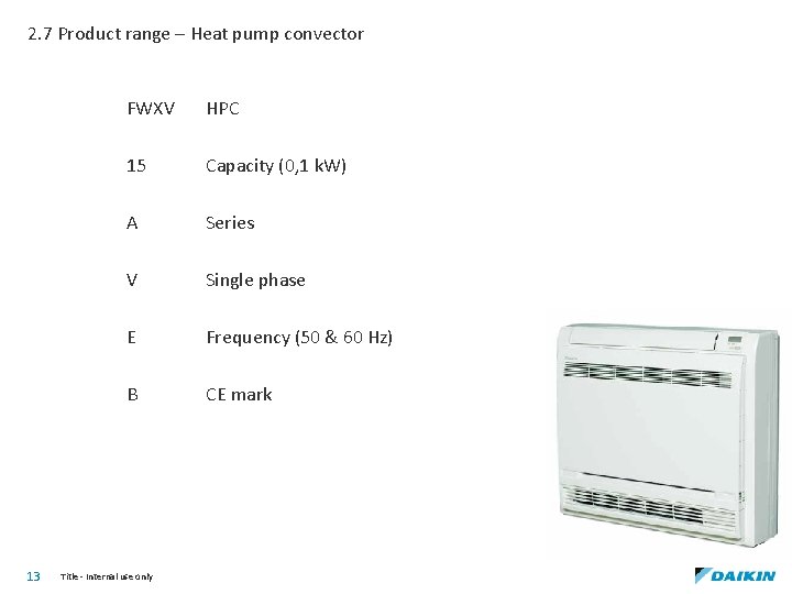 2. 7 Product range – Heat pump convector 13 FWXV HPC 15 Capacity (0,