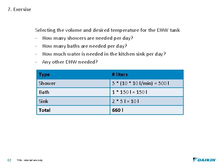 7. Exersise Selecting the volume and desired temperature for the DHW tank - How