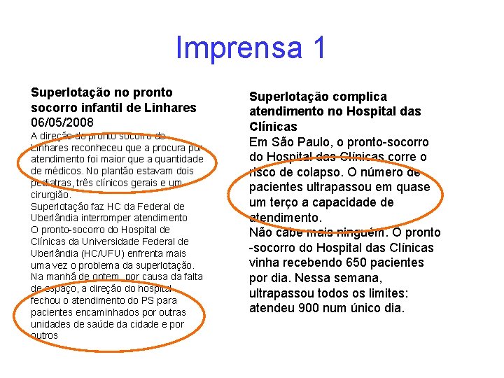 Imprensa 1 Superlotação no pronto socorro infantil de Linhares 06/05/2008 A direção do pronto