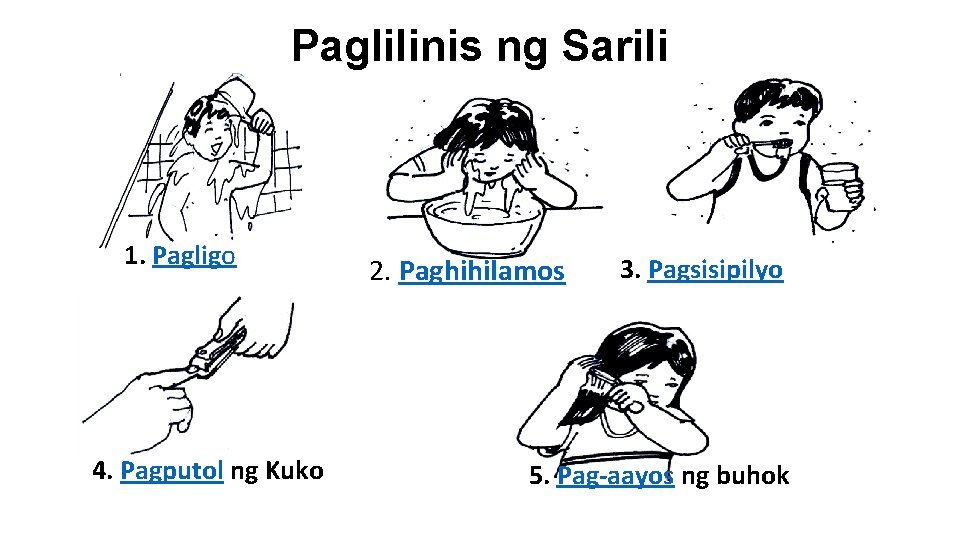 Paglilinis ng Sarili 1. Pagligo 4. Pagputol ng Kuko 2. Paghihilamos 3. Pagsisipilyo 5.