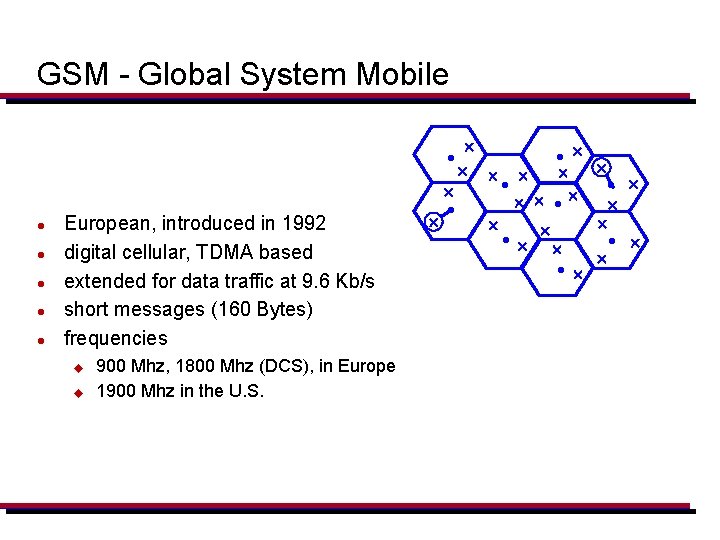 GSM - Global System Mobile l l l European, introduced in 1992 digital cellular,