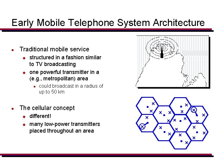 Early Mobile Telephone System Architecture l Traditional mobile service u u structured in a