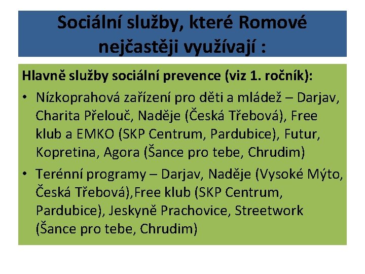 Sociální služby, které Romové nejčastěji využívají : Hlavně služby sociální prevence (viz 1. ročník): Sociální služby, které Romové nejčastěji využívají : Hlavně služby sociální prevence (viz 1. ročník):