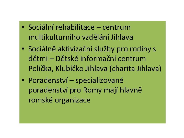  • Sociální rehabilitace – centrum multikulturního vzdělání Jihlava • Sociálně aktivizační služby pro