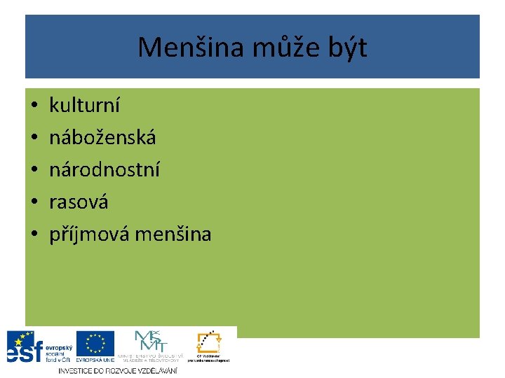 Menšina může být • • • kulturní náboženská národnostní rasová příjmová menšina 