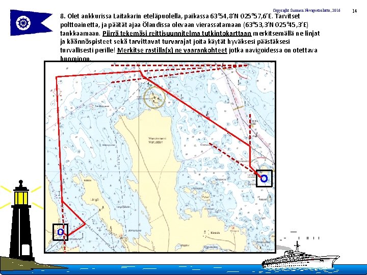 Copyright Suomen Navigaatioliitto, 2016 8. Olet ankkurissa Laitakarin eteläpuolella, paikassa 63° 54, 8’N 025°