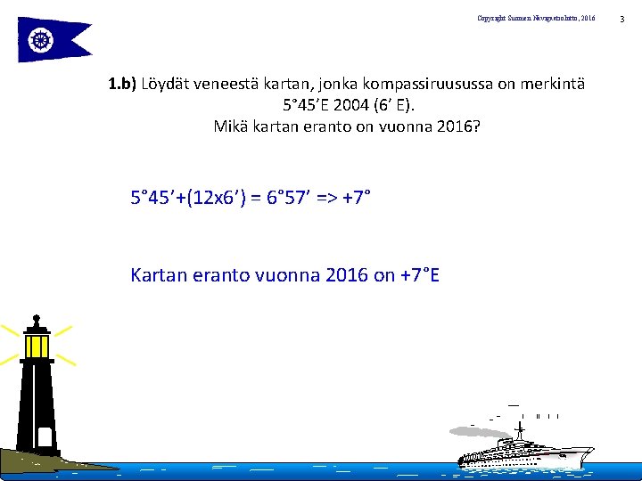 Copyright Suomen Navigaatioliitto, 2016 1. b) Löydät veneestä kartan, jonka kompassiruusussa on merkintä 5°