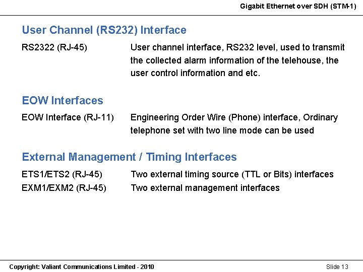 Gigabit Ethernet over SDH (STM-1) Gigabit Ethernet (STM-1) User Channel (RS 232) Interface RS