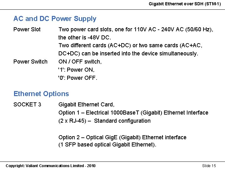 Gigabit Ethernet over SDH (STM-1) Gigabit Ethernet (STM-1) AC and DC Power Supply Power
