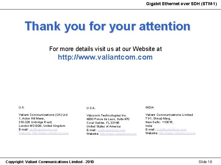 Gigabit Ethernet over SDH (STM-1) Gigabit Ethernet (STM-1) Thank you for your attention For