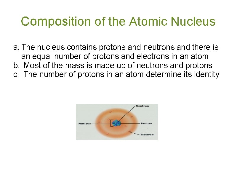 Composition of the Atomic Nucleus a. The nucleus contains protons and neutrons and there