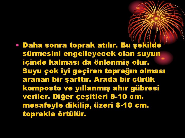  • Daha sonra toprak atılır. Bu şekilde sürmesini engelleyecek olan suyun içinde kalması