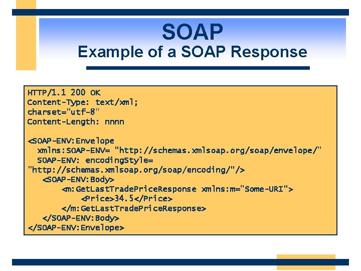 SOAP Example of a SOAP Response HTTP/1. 1 200 OK Content-Type: text/xml; charset="utf-8" Content-Length: