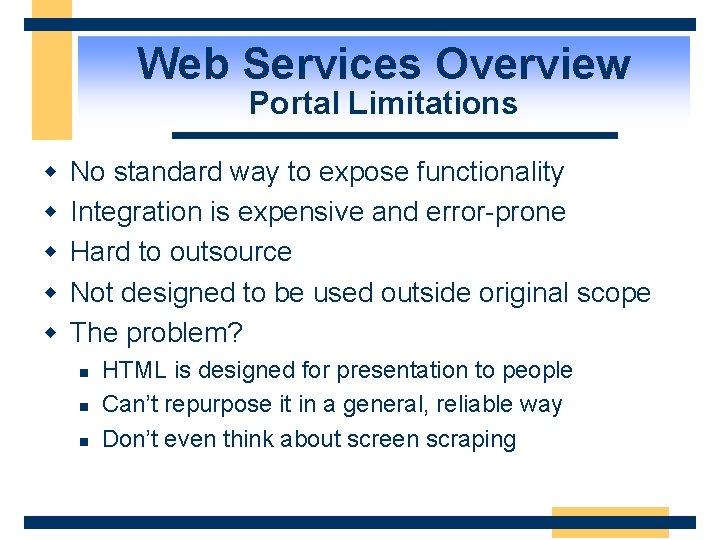 Web Services Overview Portal Limitations w w w No standard way to expose functionality