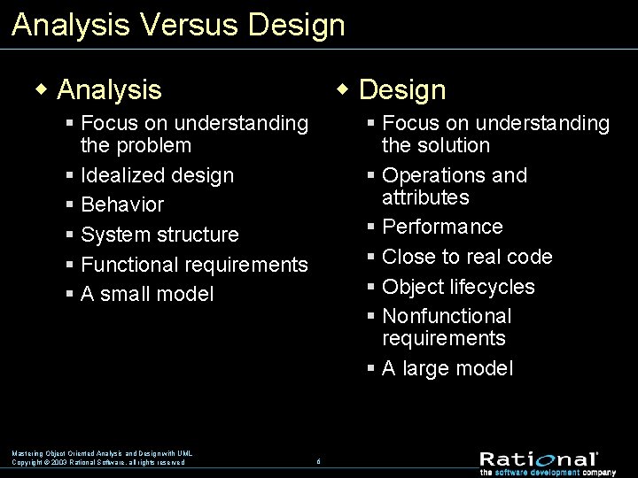 Analysis Versus Design w Analysis w Design § Focus on understanding the problem §