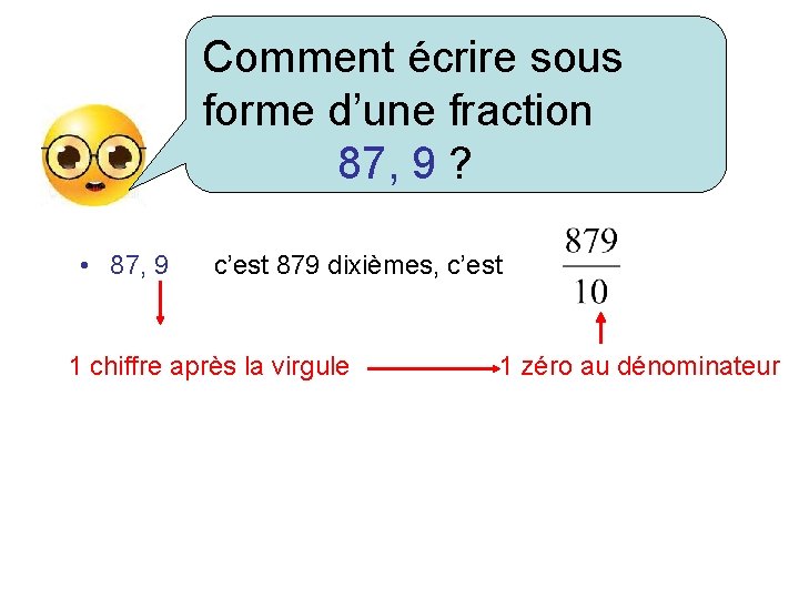 Comment écrire sous forme d’une fraction 87, 9 ? • 87, 9 c’est 879