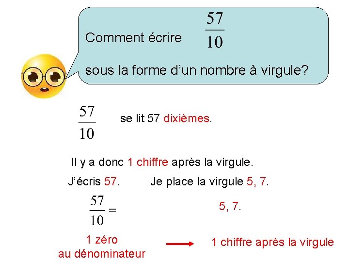 Comment écrire sous la forme d’un nombre à virgule? se lit 57 dixièmes. Il