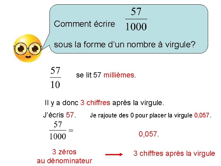 Comment écrire sous la forme d’un nombre à virgule? se lit 57 millièmes. Il